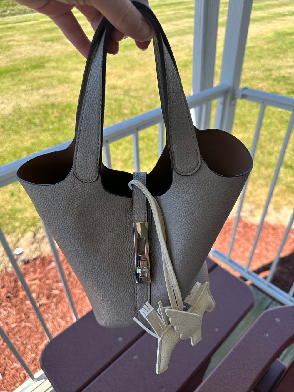 Gray Leather Tote Bag with Tassel Charm